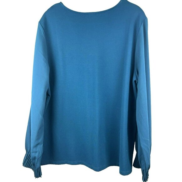 Chico's Top L Solid Blue Long Sleeve Gathered Cuffs Pullover Rayon Spandex Nylon - Picture 5 of 6
